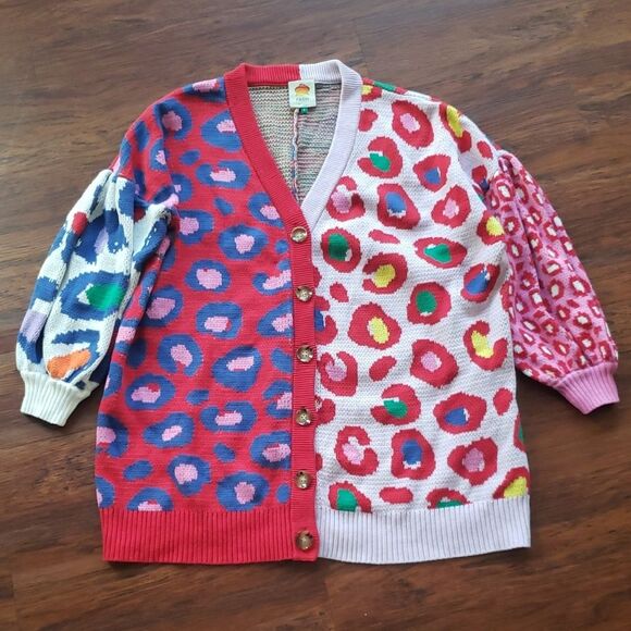 Farm Rio Colorful Leopard Print Feminine Oversized Cotton Cardigan Size Small - Picture 1 of 9